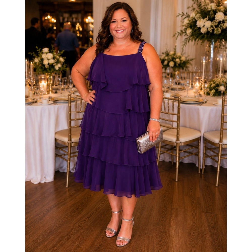 DressBarn Collection Women 22 Purple Tiered Ruffle Dress Beaded Straps Plus Size